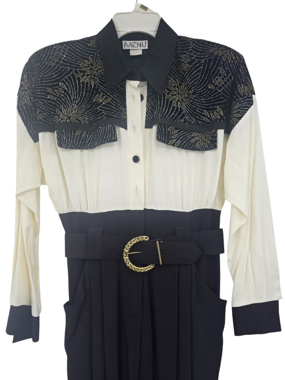 Vintage Menu Black & Ivory Jumpsuit With Rhinestone Embellished Yoke & Gold Buck